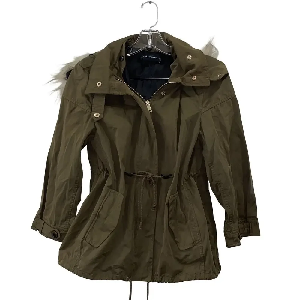 ZARA WOMAN Faux fur hooded Parka Jacket short olive green Size S - Picture 1 of 7